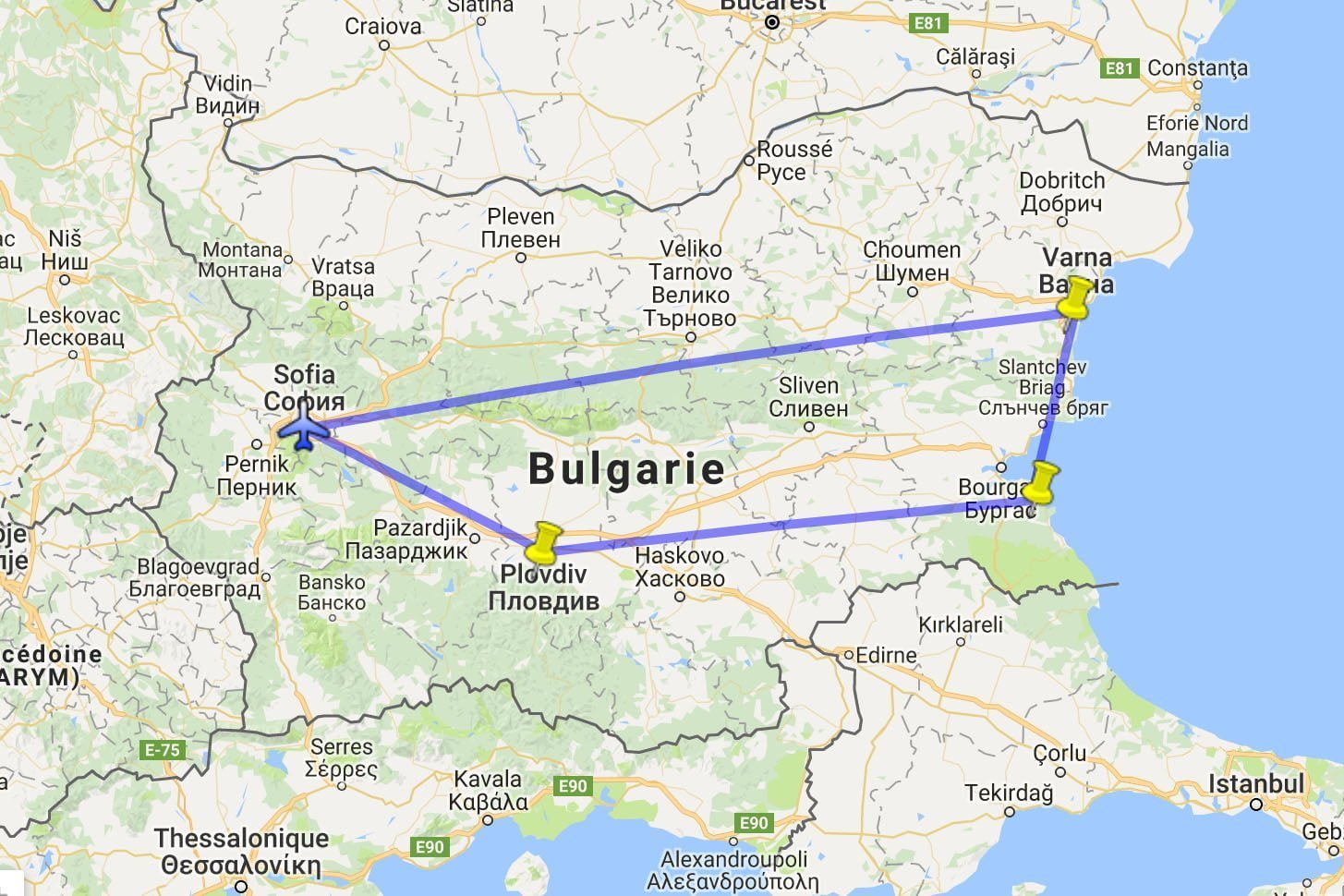 Carte de notre voyage en Bulgarie