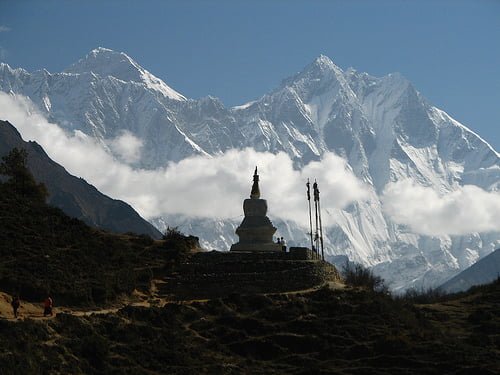 Nepal - Sagamartha Trek - 057 - chorten silhouetted by Lhotse & Everest