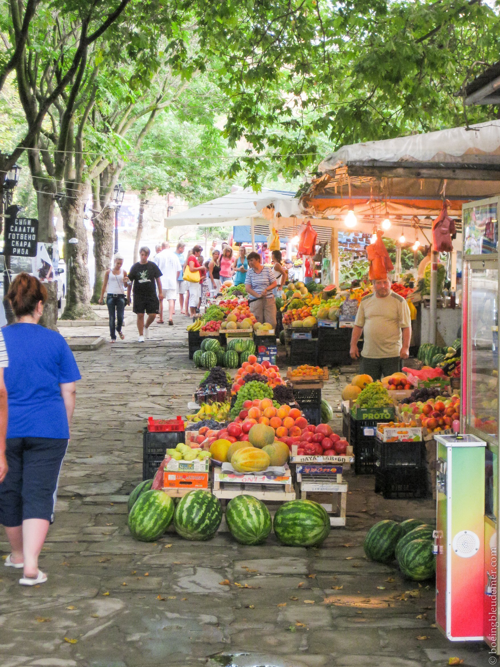 Open air market with delicious fresh fruits in Sozopol